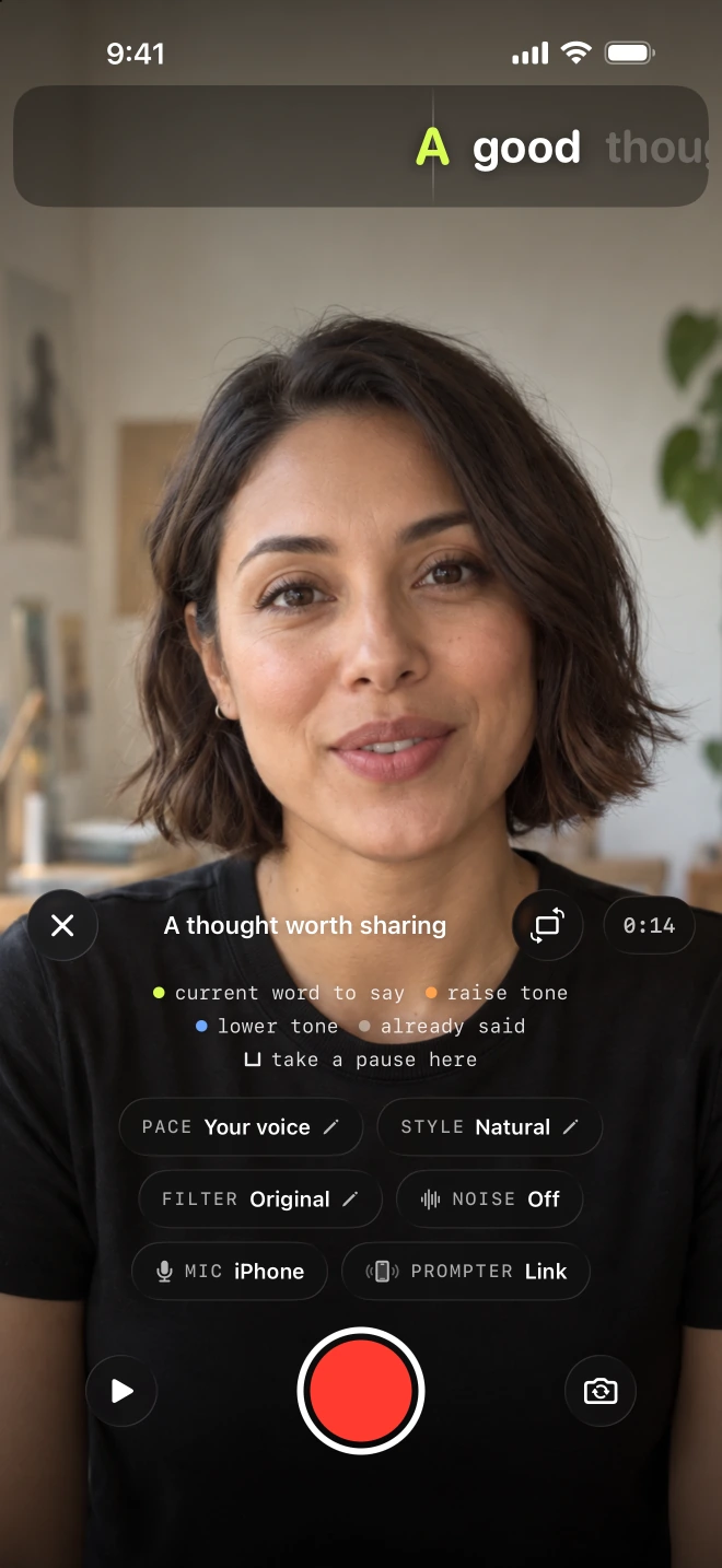 Lightshot recorder with the current script word near the front camera and the record button below