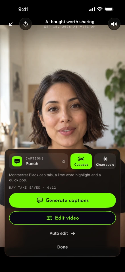Lightshot review screen after a take, with the Punch caption style, Cut gaps, Clean audio, Generate captions, Edit video and Auto edit