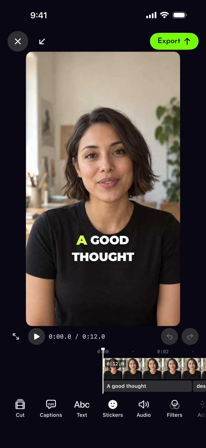 Lightshot video editor with the caption “A good thought” on the video, a frame timeline with a caption track, and the editing toolbar