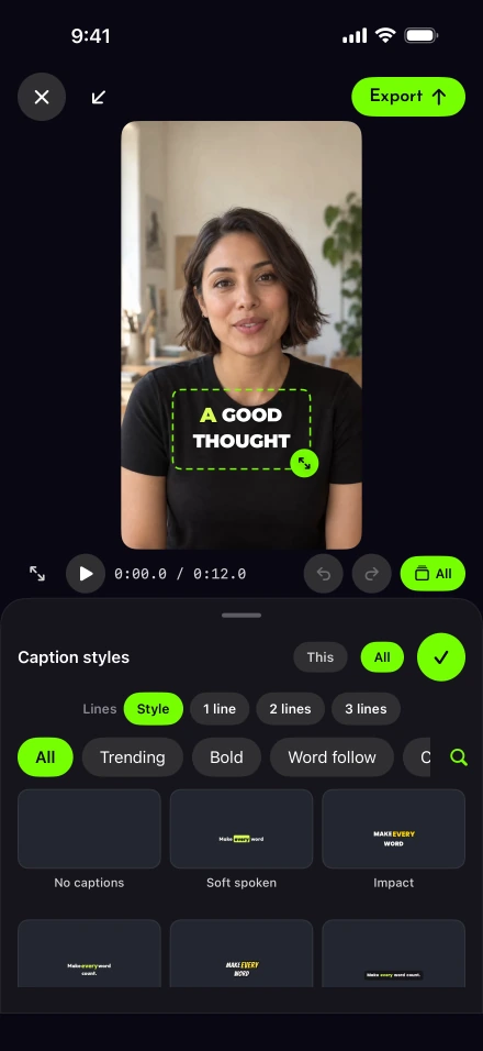Lightshot caption styles panel with one, two or three line choices and a grid of style previews under the video