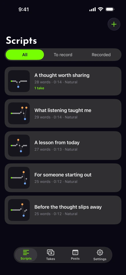 Lightshot Scripts tab listing five short scripts, each with its word count, running time and delivery style