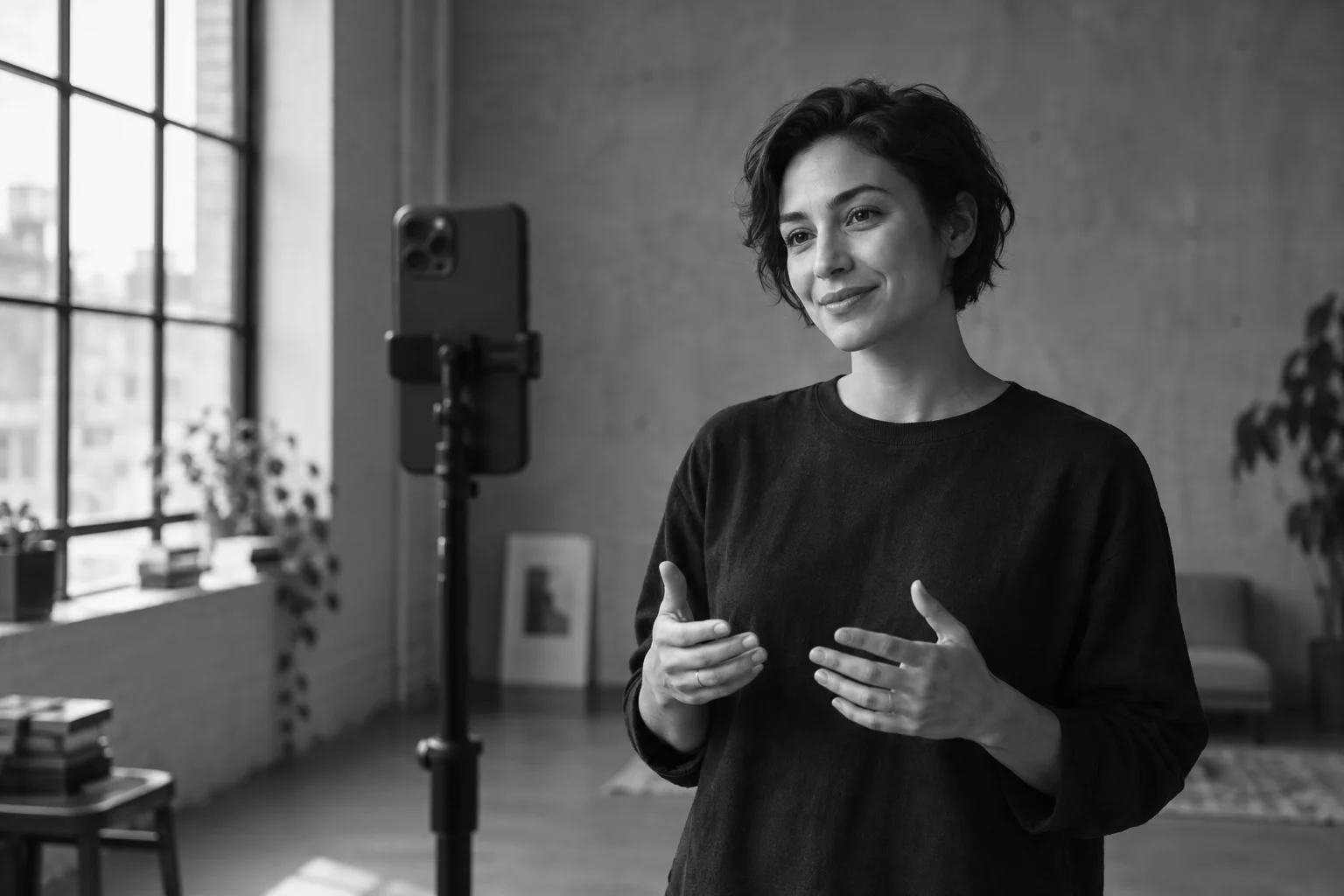 A woman in a sunlit studio, used here to preview caption styles